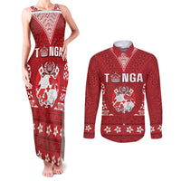 Tonga King Tupou VI Day Couples Matching Tank Maxi Dress and Long Sleeve Button Shirt Traditional Tongan Kupesi Pattern LT05 Red - Polynesian Pride
