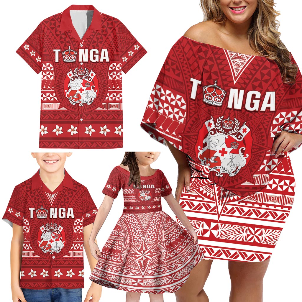 Tonga King Tupou VI Day Family Matching Off Shoulder Short Dress and Hawaiian Shirt Traditional Tongan Kupesi Pattern