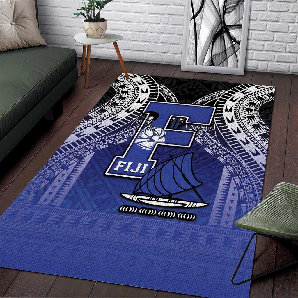 Fiji Drua Area Rug Fijian Tapa Pattern LT05 Blue - Polynesian Pride