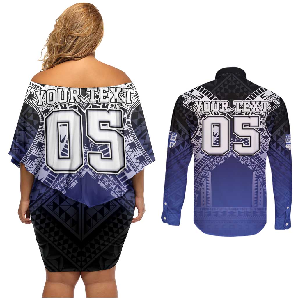 Custom Fiji Drua Couples Matching Off Shoulder Short Dress and Long Sleeve Button Shirt Fijian Tapa Pattern