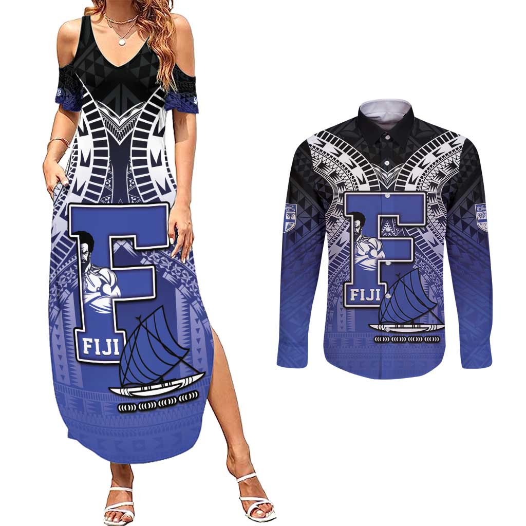 Custom Fiji Drua Couples Matching Summer Maxi Dress and Long Sleeve Button Shirt Fijian Tapa Pattern