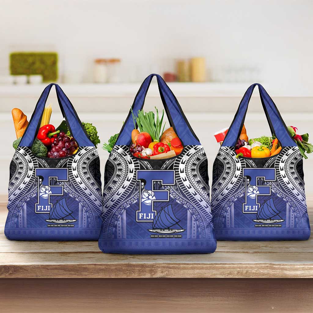 Fiji Drua Grocery Bag Fijian Tapa Pattern LT05 3-pack One Size Blue - Polynesian Pride