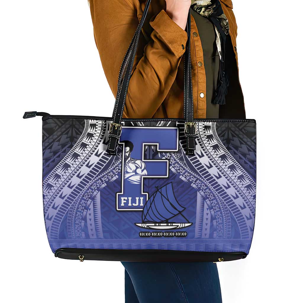 Fiji Drua Leather Tote Bag Fijian Tapa Pattern