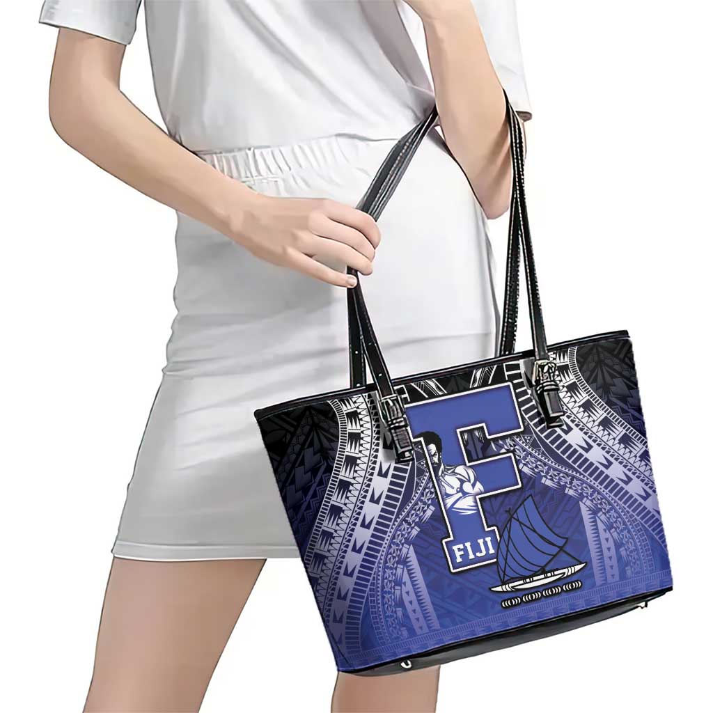 Fiji Drua Leather Tote Bag Fijian Tapa Pattern