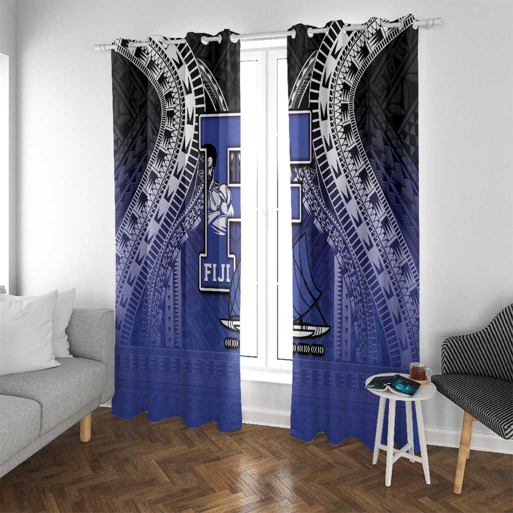 Fiji Drua Window Curtain Fijian Tapa Pattern LT05 With Grommets Blue - Polynesian Pride