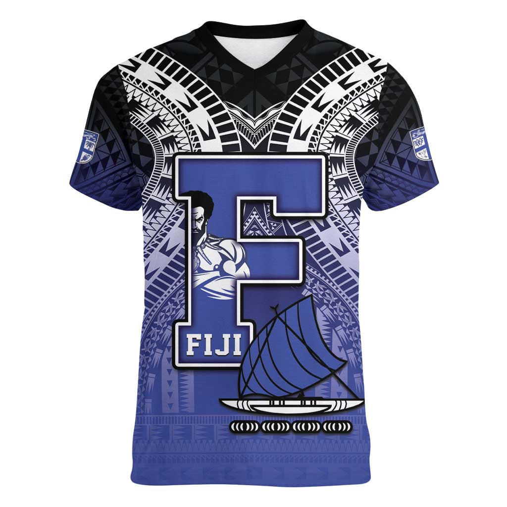 Custom Fiji Drua Women V-Neck T-Shirt Fijian Tapa Pattern LT05 Female Blue - Polynesian Pride