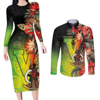 Aboriginal Dot Art Vanuatu Personalised Couples Matching Long Sleeve Bodycon Dress and Long Sleeve Button Shirt Tropical Flowers