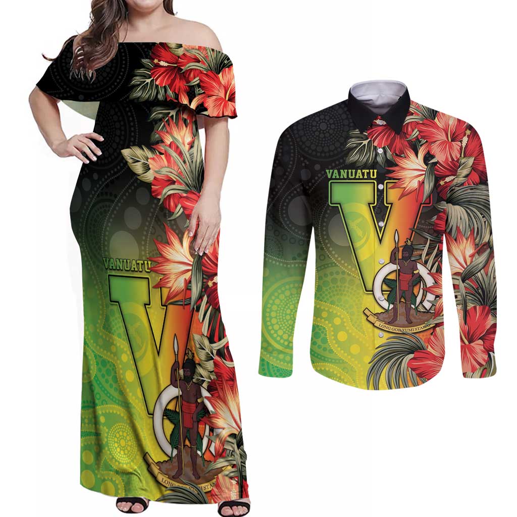 Aboriginal Dot Art Vanuatu Personalised Couples Matching Off Shoulder Maxi Dress and Long Sleeve Button Shirt Tropical Flowers