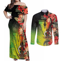 Aboriginal Dot Art Vanuatu Personalised Couples Matching Off Shoulder Maxi Dress and Long Sleeve Button Shirt Tropical Flowers