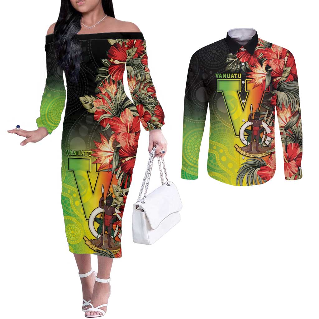 Aboriginal Dot Art Vanuatu Personalised Couples Matching Off The Shoulder Long Sleeve Dress and Long Sleeve Button Shirt Tropical Flowers