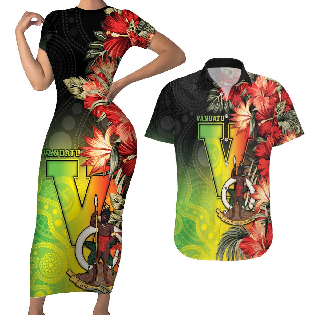 Aboriginal Dot Art Vanuatu Personalised Couples Matching Short Sleeve Bodycon Dress and Hawaiian Shirt Tropical Flowers