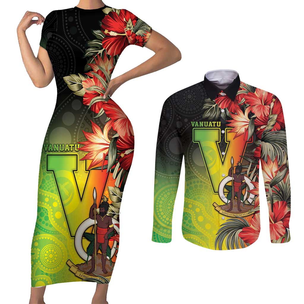 Aboriginal Dot Art Vanuatu Personalised Couples Matching Short Sleeve Bodycon Dress and Long Sleeve Button Shirt Tropical Flowers