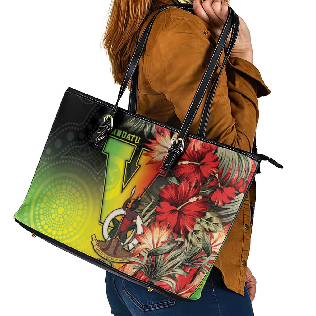 Aboriginal Dot Art Vanuatu Leather Tote Bag Tropical Flowers