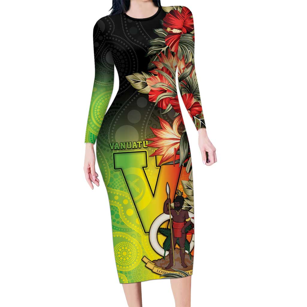 Aboriginal Dot Art Vanuatu Personalised Long Sleeve Bodycon Dress Tropical Flowers