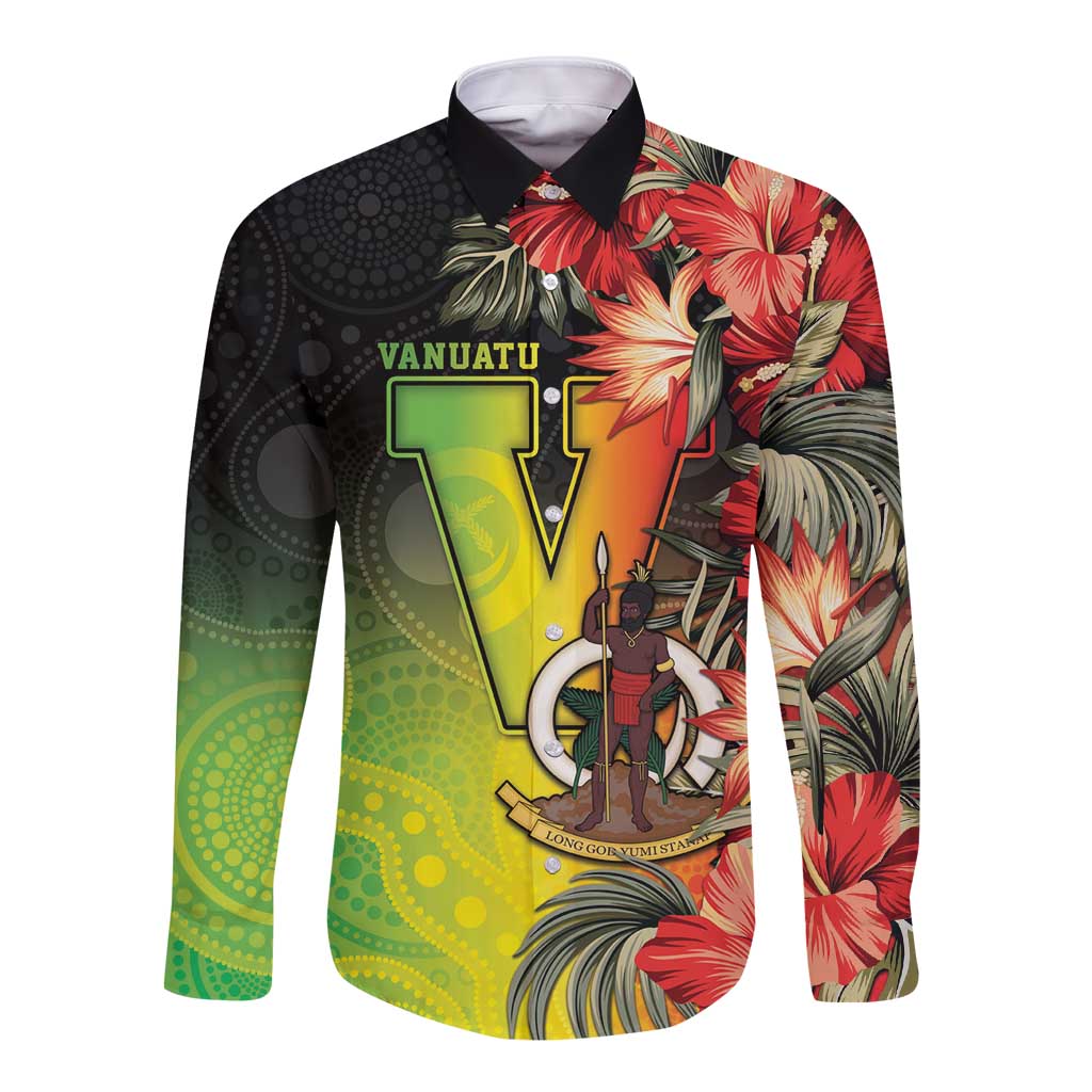 Aboriginal Dot Art Vanuatu Personalised Long Sleeve Button Shirt Tropical Flowers