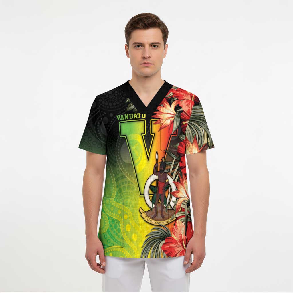 Aboriginal Dot Art Vanuatu Personalised Scrub Top Tropical Flowers - Polynesian Pride