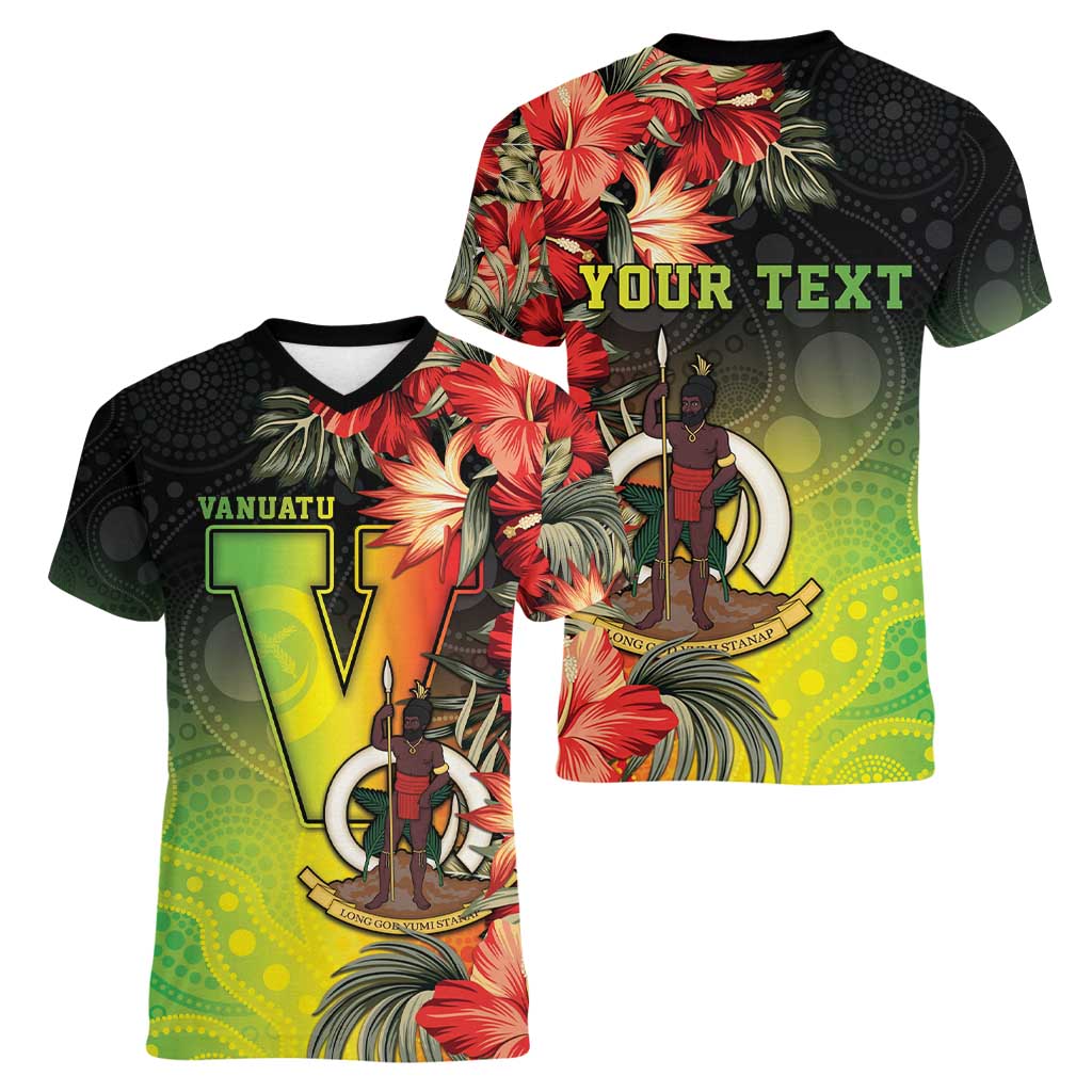 Aboriginal Dot Art Vanuatu Personalised Women V-Neck T-Shirt Tropical Flowers