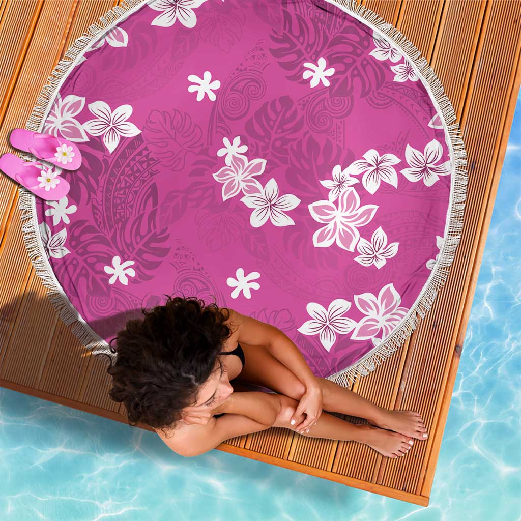 Hawaii Monstera Deliciosa Beach Blanket Pink Plumeria Polynesian Pattern - Polynesian Pride