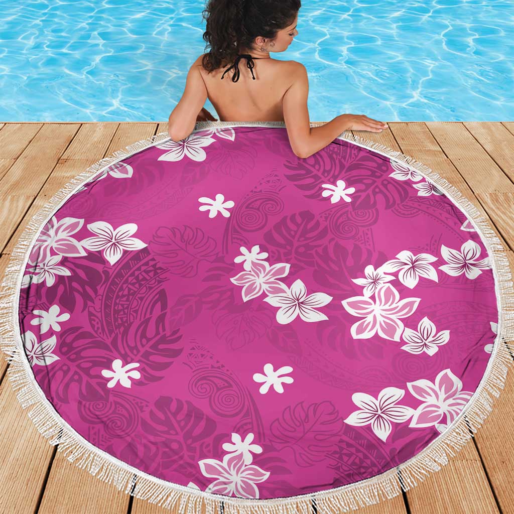 Hawaii Monstera Deliciosa Beach Blanket Pink Plumeria Polynesian Pattern - Polynesian Pride