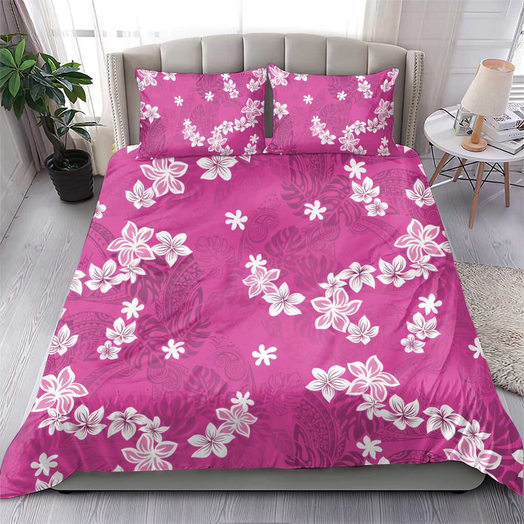 Hawaii Monstera Deliciosa Bedding Set Pink Plumeria Polynesian Pattern - Polynesian Pride
