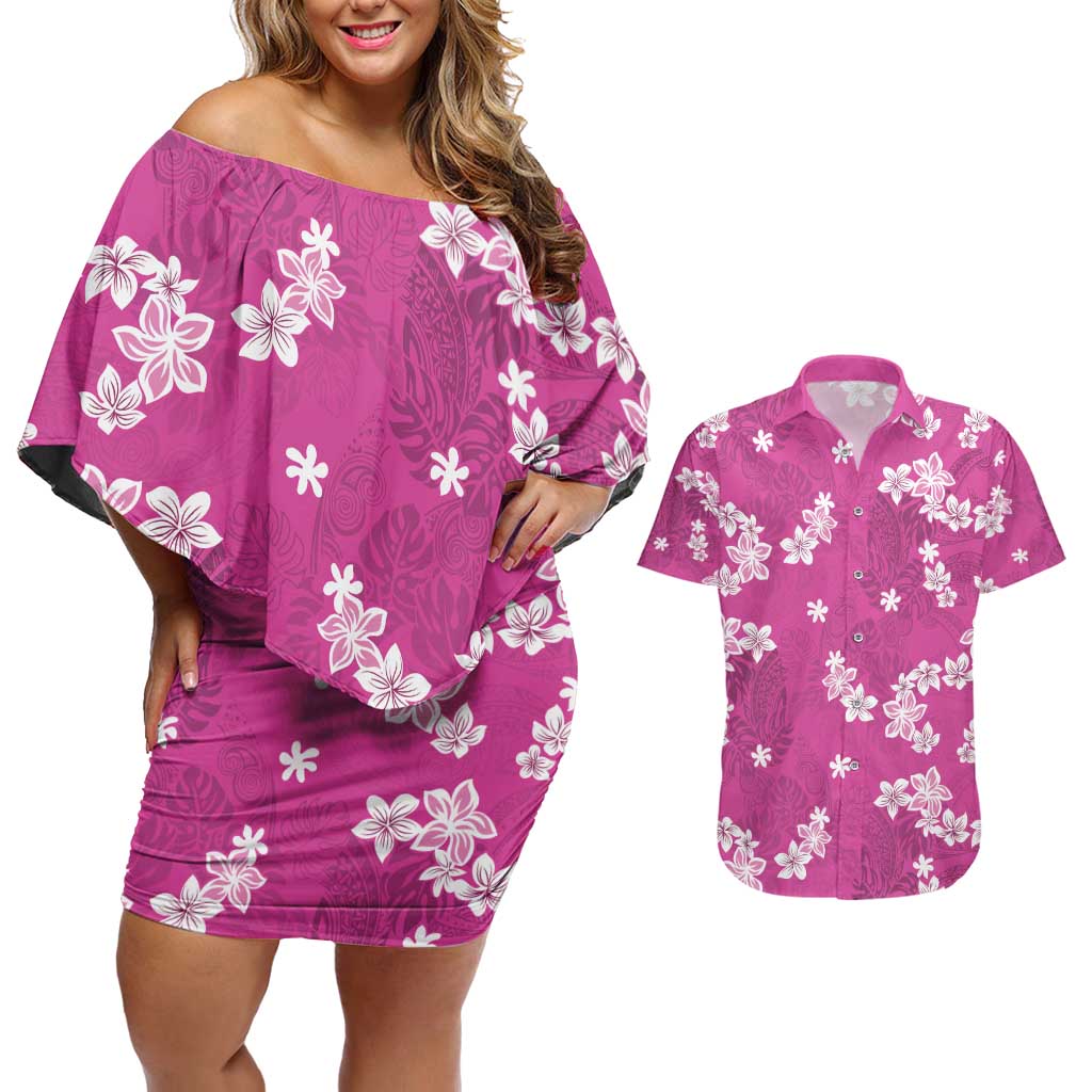 Hawaii Monstera Deliciosa Couples Matching Off Shoulder Short Dress and Hawaiian Shirt Pink Plumeria Polynesian Pattern - Polynesian Pride