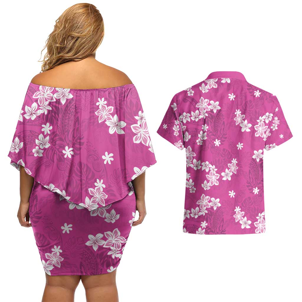 Hawaii Monstera Deliciosa Couples Matching Off Shoulder Short Dress and Hawaiian Shirt Pink Plumeria Polynesian Pattern - Polynesian Pride
