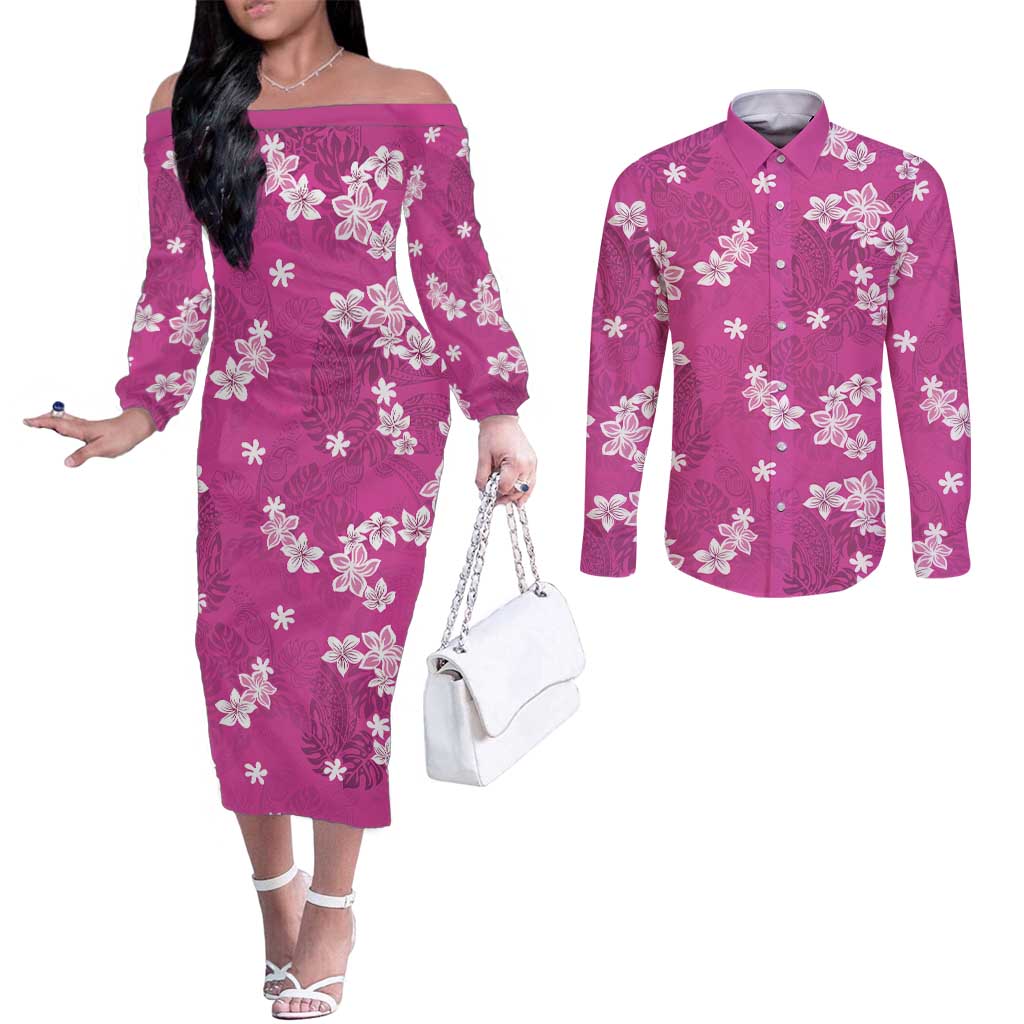Hawaii Monstera Deliciosa Couples Matching Off The Shoulder Long Sleeve Dress and Long Sleeve Button Shirt Pink Plumeria Polynesian Pattern - Polynesian Pride