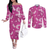 Hawaii Monstera Deliciosa Couples Matching Off The Shoulder Long Sleeve Dress and Long Sleeve Button Shirt Pink Plumeria Polynesian Pattern - Polynesian Pride