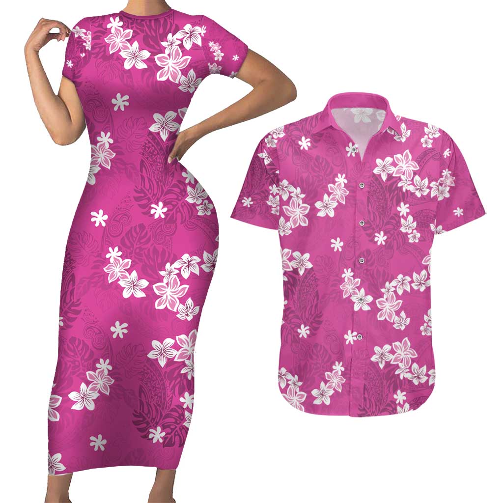 Hawaii Monstera Deliciosa Couples Matching Short Sleeve Bodycon Dress and Hawaiian Shirt Pink Plumeria Polynesian Pattern - Polynesian Pride
