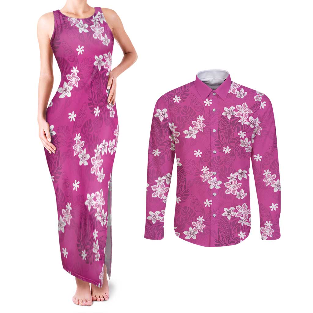 Hawaii Monstera Deliciosa Couples Matching Tank Maxi Dress and Long Sleeve Button Shirt Pink Plumeria Polynesian Pattern - Polynesian Pride
