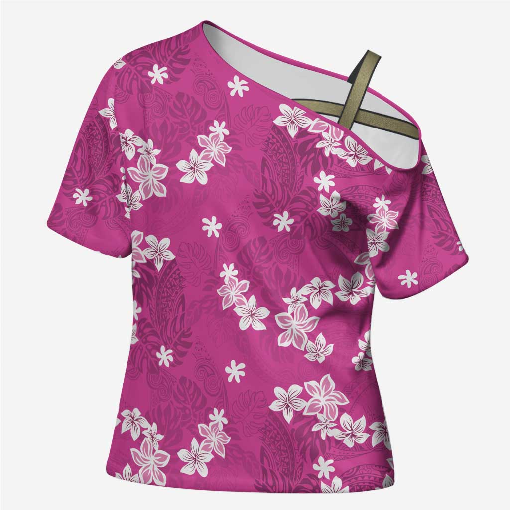 Hawaii Monstera Deliciosa Cross Shoulder Shirt Pink Plumeria Polynesian Pattern LT05 Female Pink - Polynesian Pride