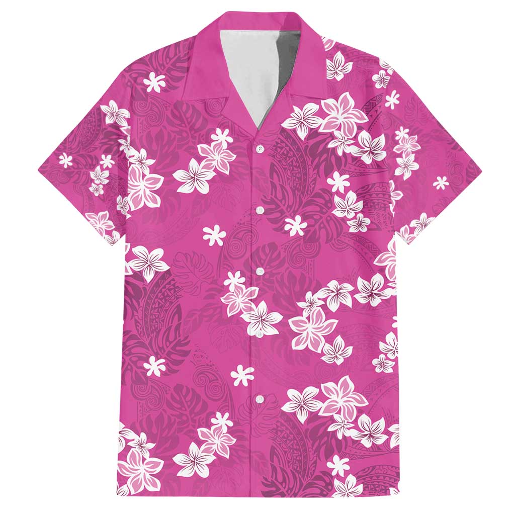 Hawaii Monstera Deliciosa Family Matching Long Sleeve Bodycon Dress and Hawaiian Shirt Pink Plumeria Polynesian Pattern - Polynesian Pride