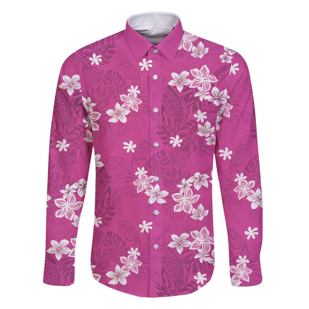 Hawaii Monstera Deliciosa Family Matching Off Shoulder Short Dress and Hawaiian Shirt Pink Plumeria Polynesian Pattern - Polynesian Pride