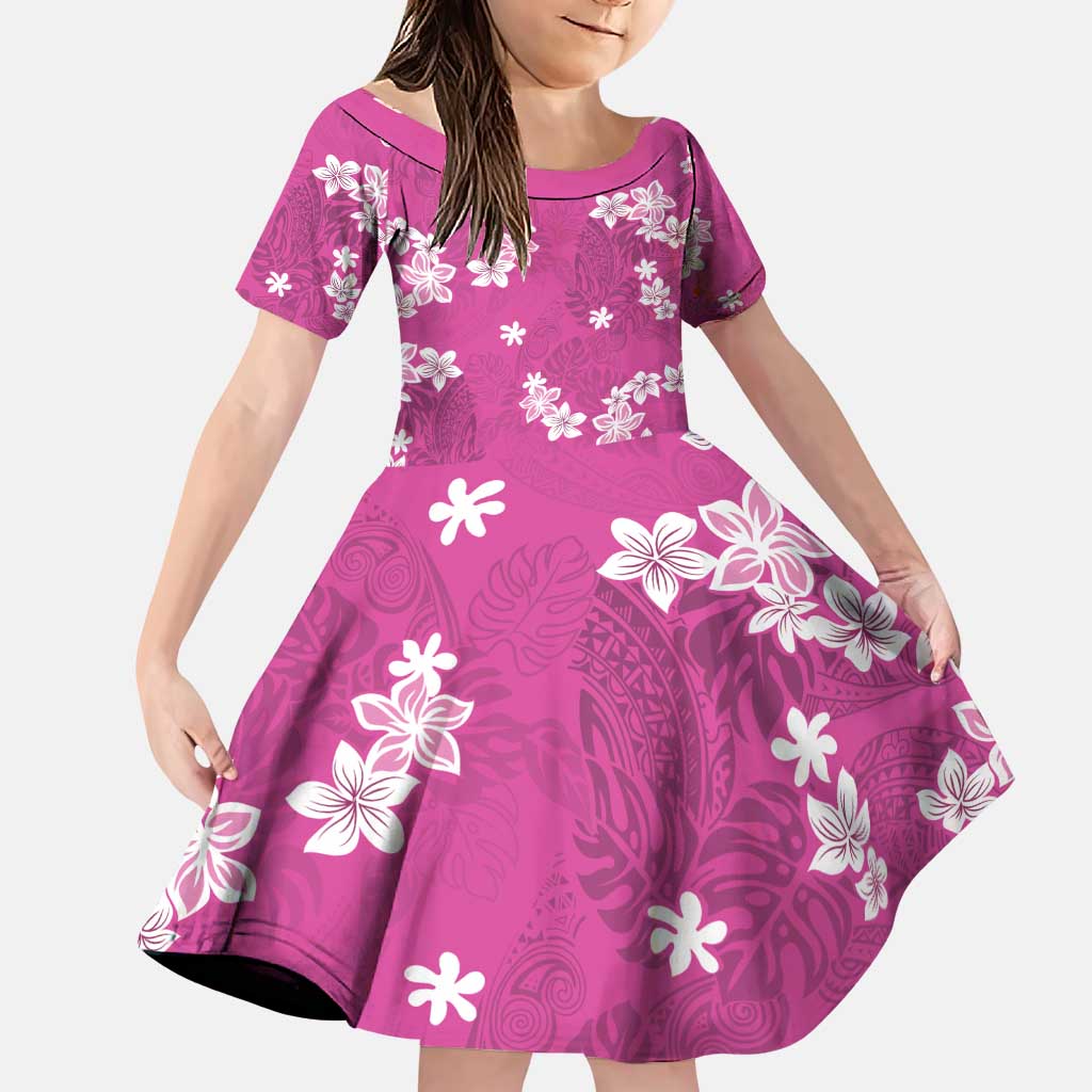 Hawaii Monstera Deliciosa Family Matching Puletasi and Hawaiian Shirt Pink Plumeria Polynesian Pattern LT05 Daughter's Dress Pink - Polynesian Pride