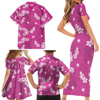 Hawaii Monstera Deliciosa Family Matching Short Sleeve Bodycon Dress and Hawaiian Shirt Pink Plumeria Polynesian Pattern - Polynesian Pride