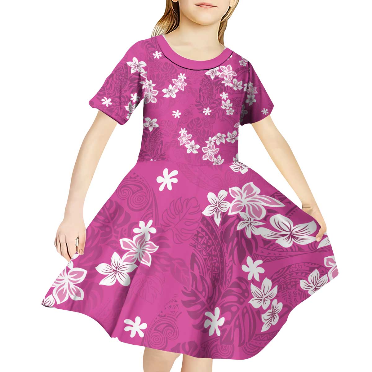 Hawaii Monstera Deliciosa Kid Short Sleeve Dress Pink Plumeria Polynesian Pattern - Polynesian Pride