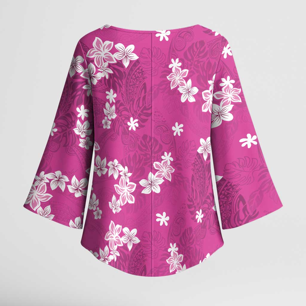 Hawaii Monstera Deliciosa Kimono Sleeve Blouse Pink Plumeria Polynesian Pattern - Polynesian Pride