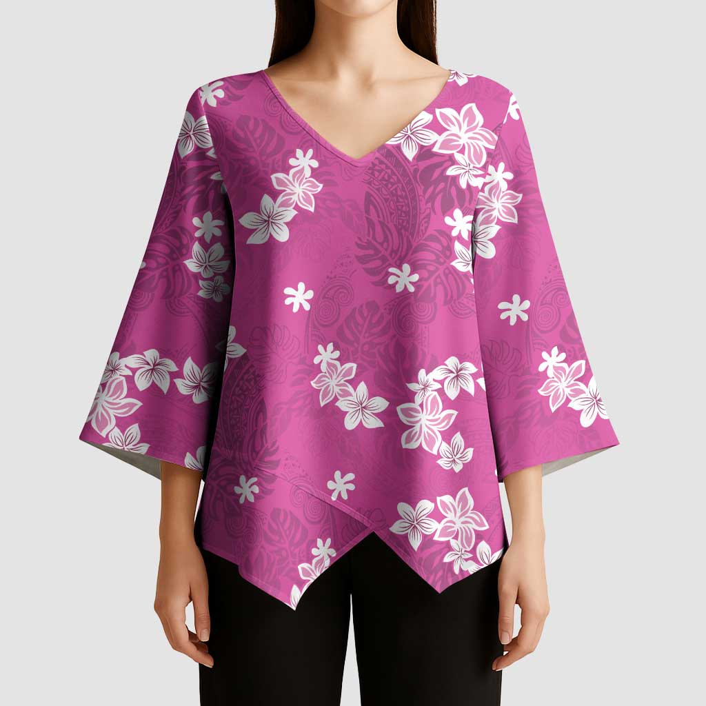 Hawaii Monstera Deliciosa Kimono Sleeve Blouse Pink Plumeria Polynesian Pattern - Polynesian Pride