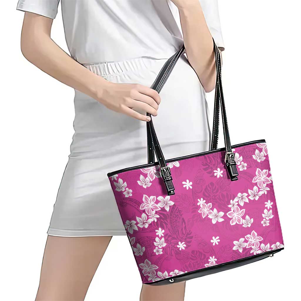 Hawaii Monstera Deliciosa Leather Tote Bag Pink Plumeria Polynesian Pattern - Polynesian Pride