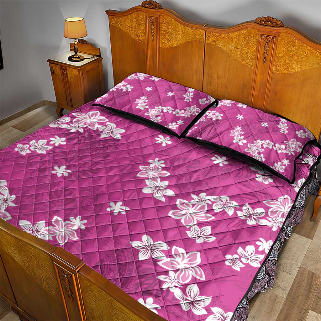 Hawaii Monstera Deliciosa Quilt Bed Set Pink Plumeria Polynesian Pattern - Polynesian Pride
