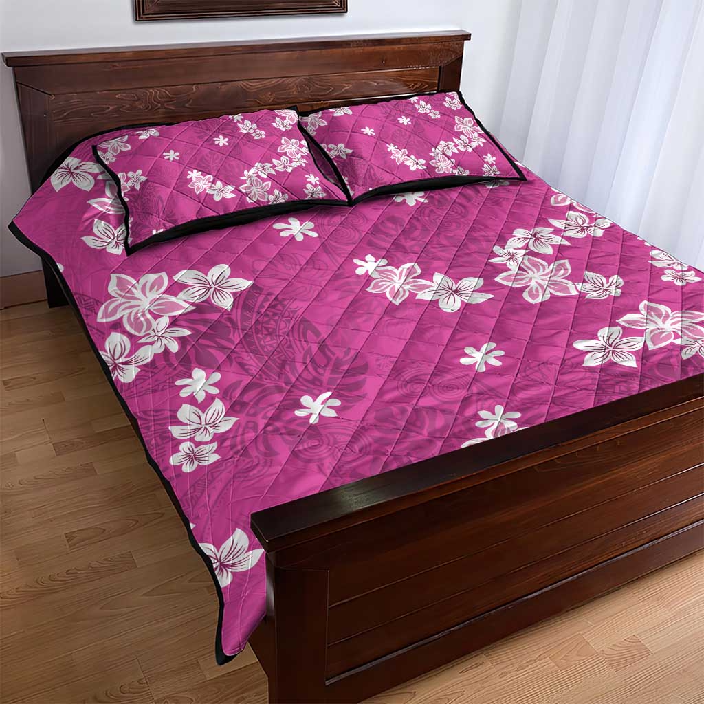 Hawaii Monstera Deliciosa Quilt Bed Set Pink Plumeria Polynesian Pattern - Polynesian Pride