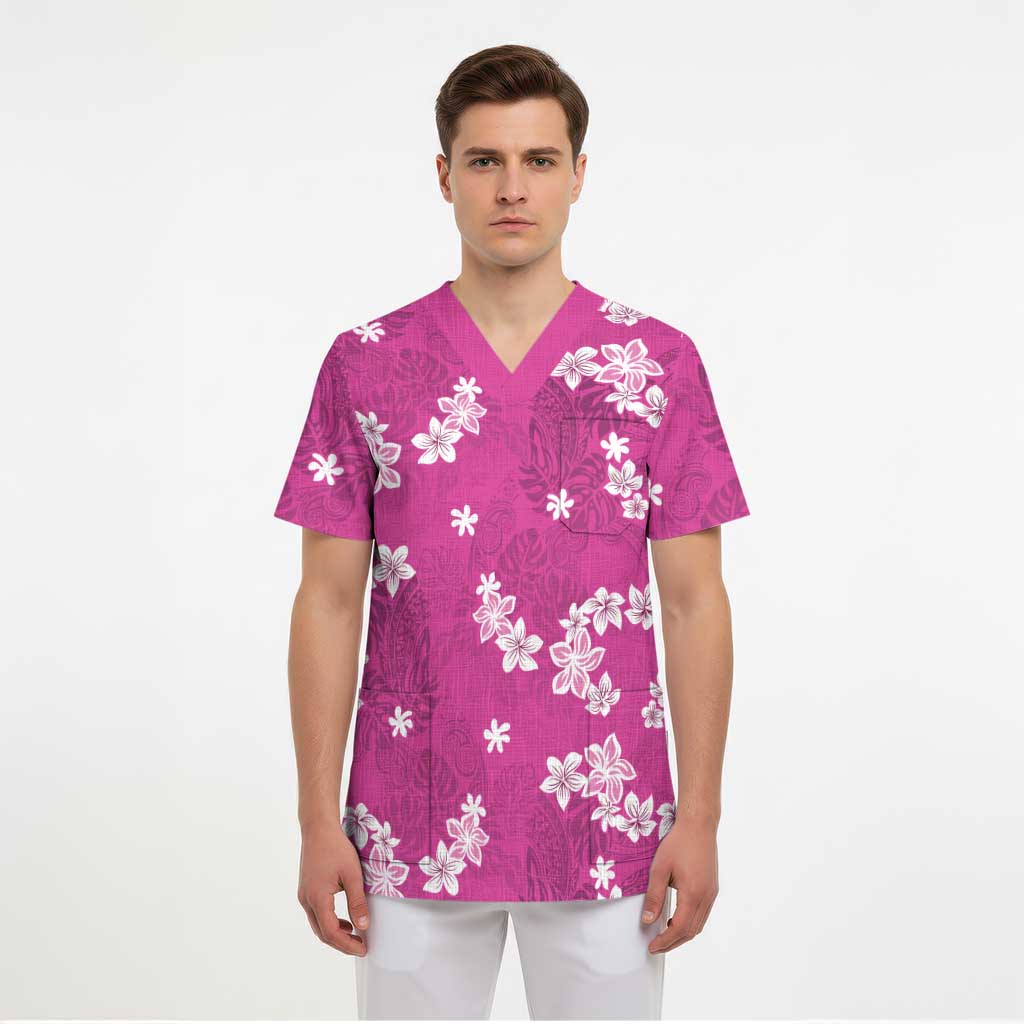 Hawaii Monstera Deliciosa Scrub Top Pink Plumeria Polynesian Pattern - Polynesian Pride