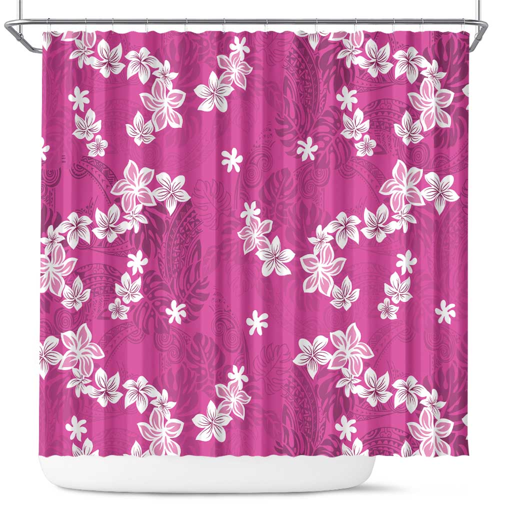 Hawaii Monstera Deliciosa Shower Curtain Pink Plumeria Polynesian Pattern - Polynesian Pride