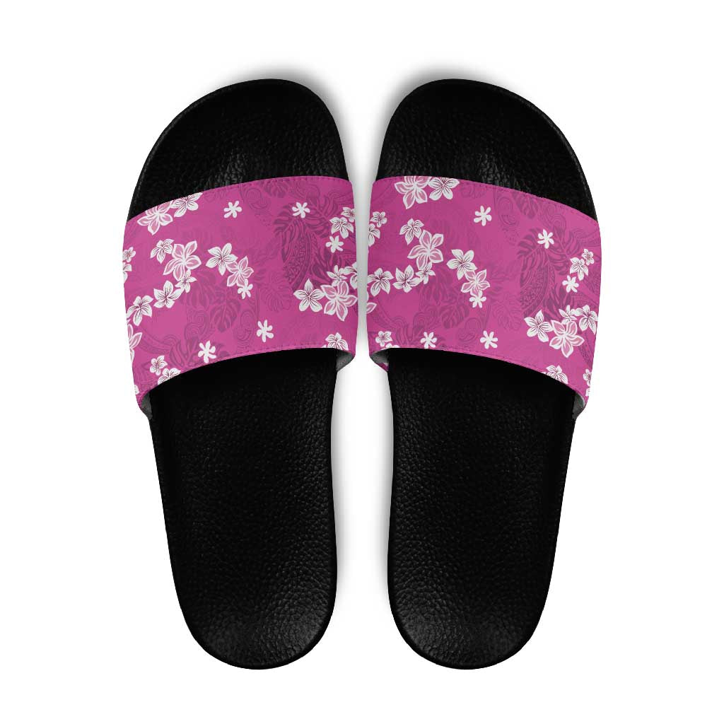 Hawaii Monstera Deliciosa Slide Sandals Pink Plumeria Polynesian Pattern - Polynesian Pride