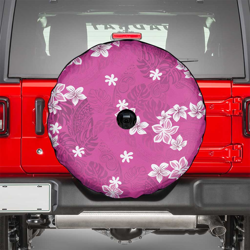 Hawaii Monstera Deliciosa Spare Tire Cover Pink Plumeria Polynesian Pattern - Polynesian Pride