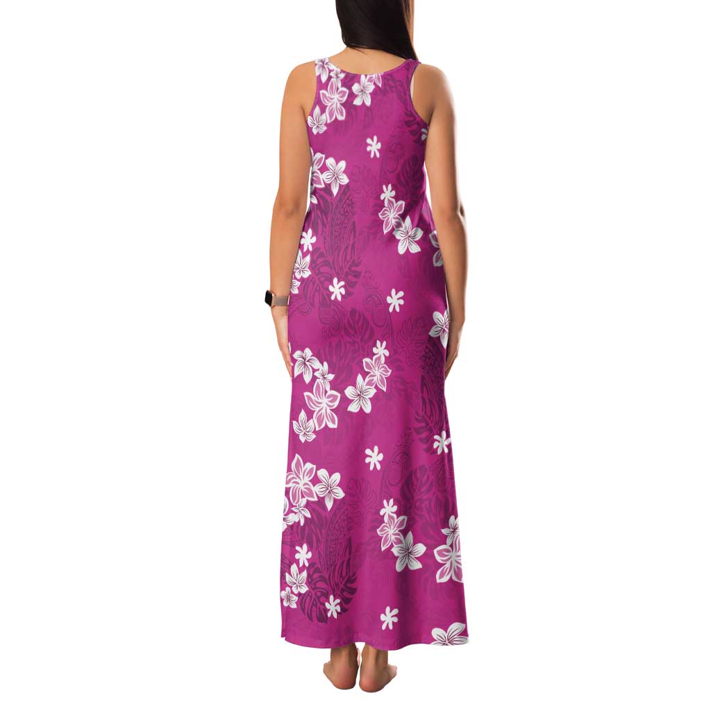 Hawaii Monstera Deliciosa Tank Maxi Dress Pink Plumeria Polynesian Pattern - Polynesian Pride