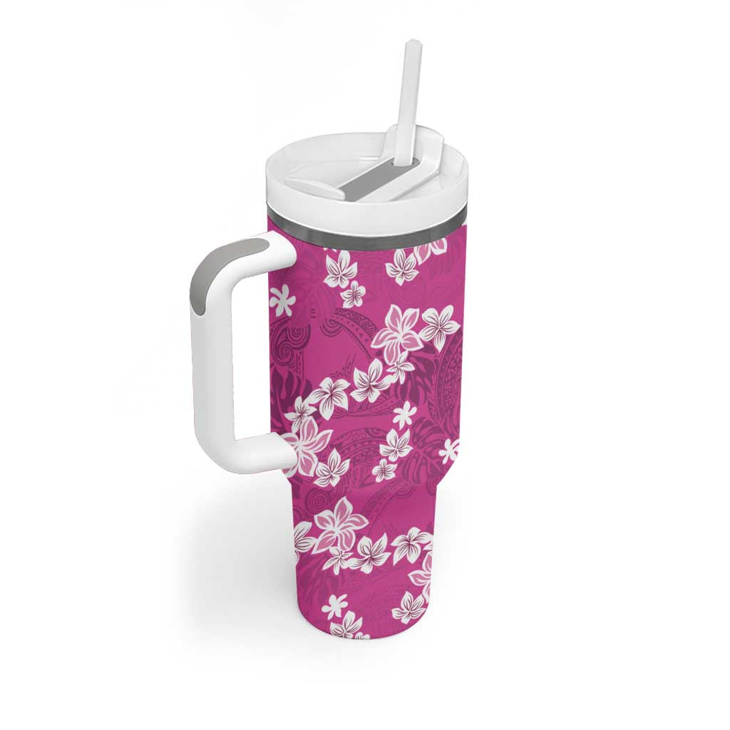 Hawaii Monstera Deliciosa Tumbler With Handle Pink Plumeria Polynesian Pattern - Polynesian Pride