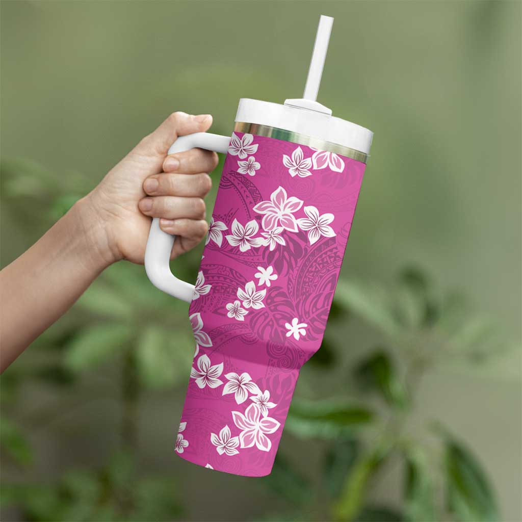 Hawaii Monstera Deliciosa Tumbler With Handle Pink Plumeria Polynesian Pattern - Polynesian Pride