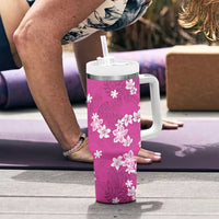 Hawaii Monstera Deliciosa Tumbler With Handle Pink Plumeria Polynesian Pattern - Polynesian Pride