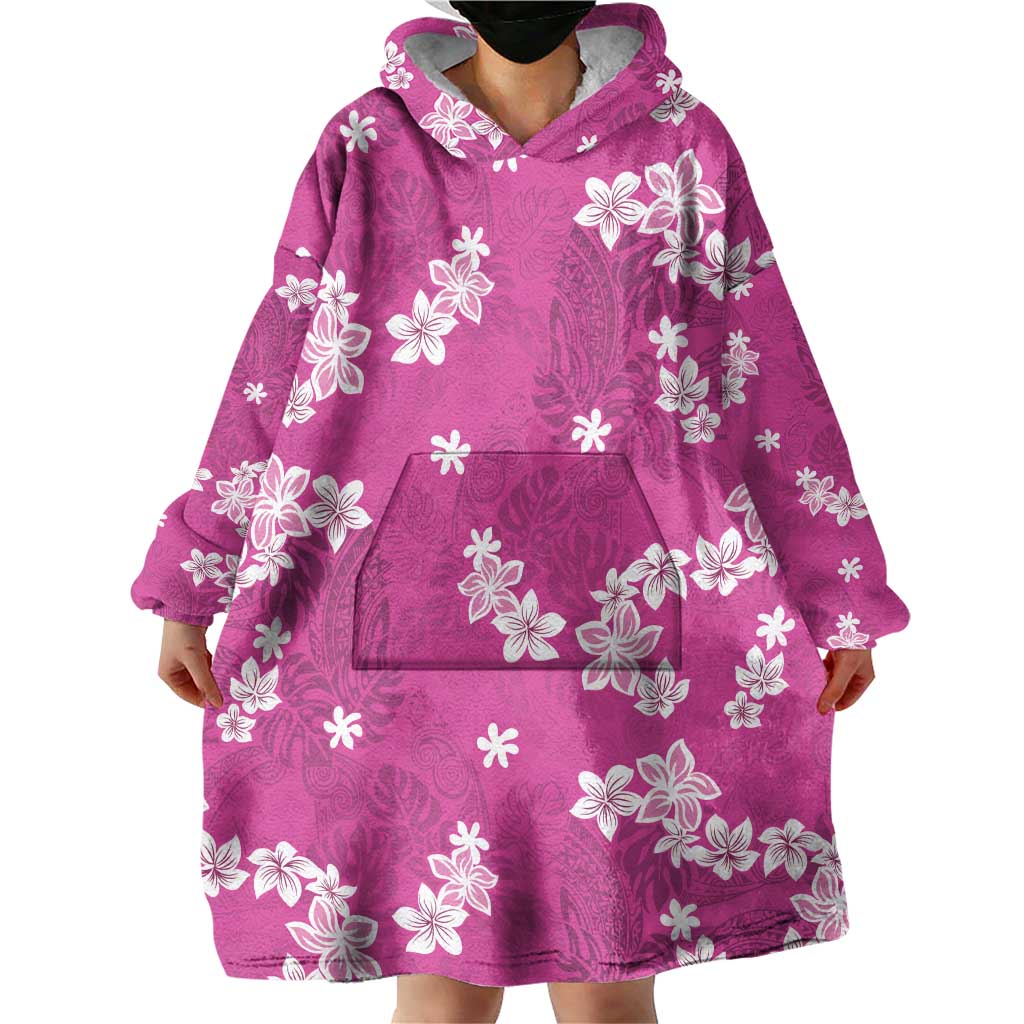 Hawaii Monstera Deliciosa Wearable Blanket Hoodie Pink Plumeria Polynesian Pattern - Polynesian Pride
